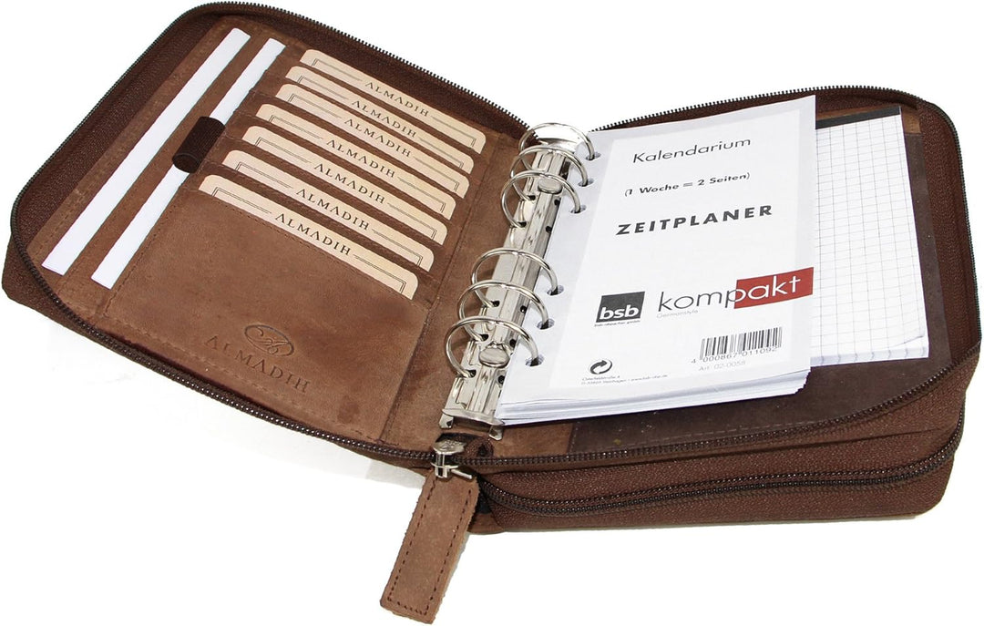 ALMADIH Leder A6 Kombimappe 2 Reissverschluss Fächer Kalender 2024 Premium Rindsleder Braun Vintage