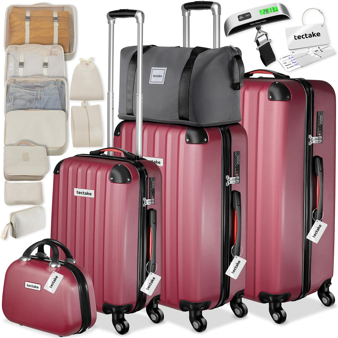 TecTake® Hartschalenkoffer-Set, 19-teilig, ABS-Hartschale, mit TSA-Schloss, 360° Rollen, Packwürfels