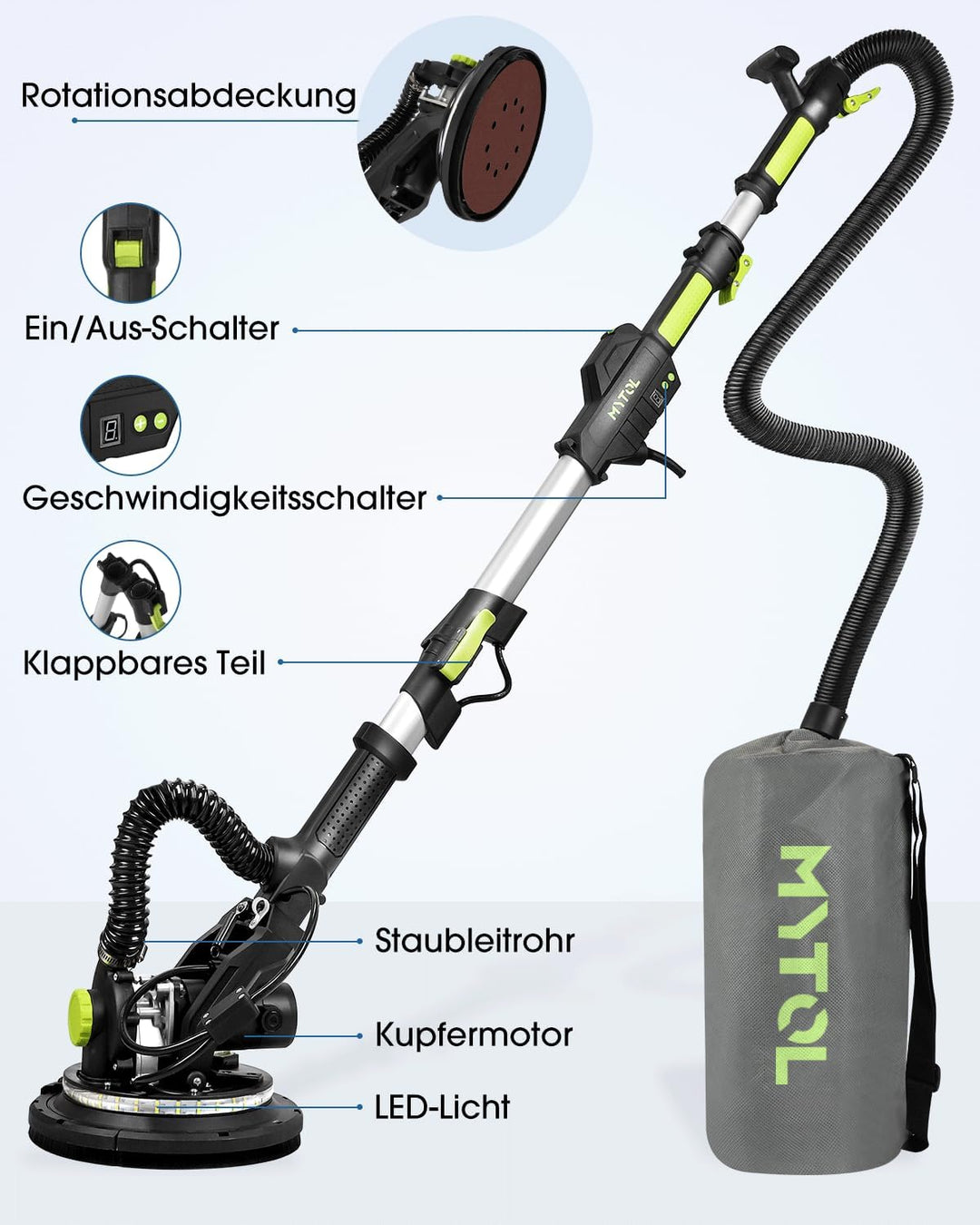 Trockenbauschleifer 900W, Wandschleifer & Deckenschleifer mit Absaugung, 1800 U/min, 6-Stufen Geschw