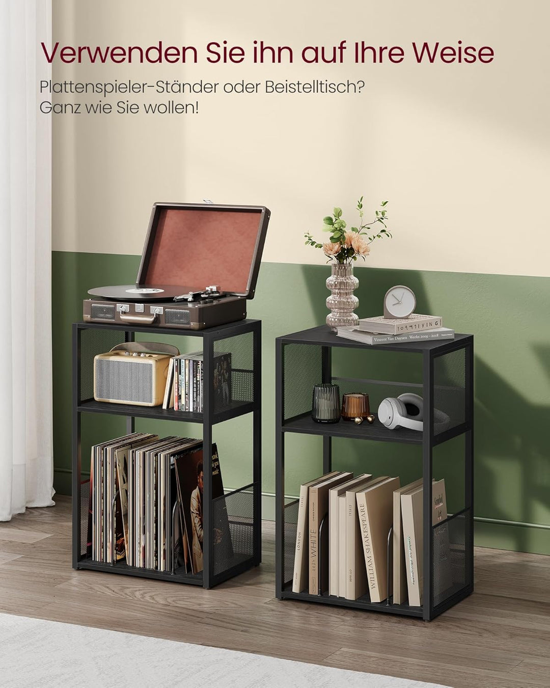 VASAGLE Plattenspieler-Ständer, 3 Etagen, Beistelltisch, Aufbewahrung von Schallplatten, bis zu 100