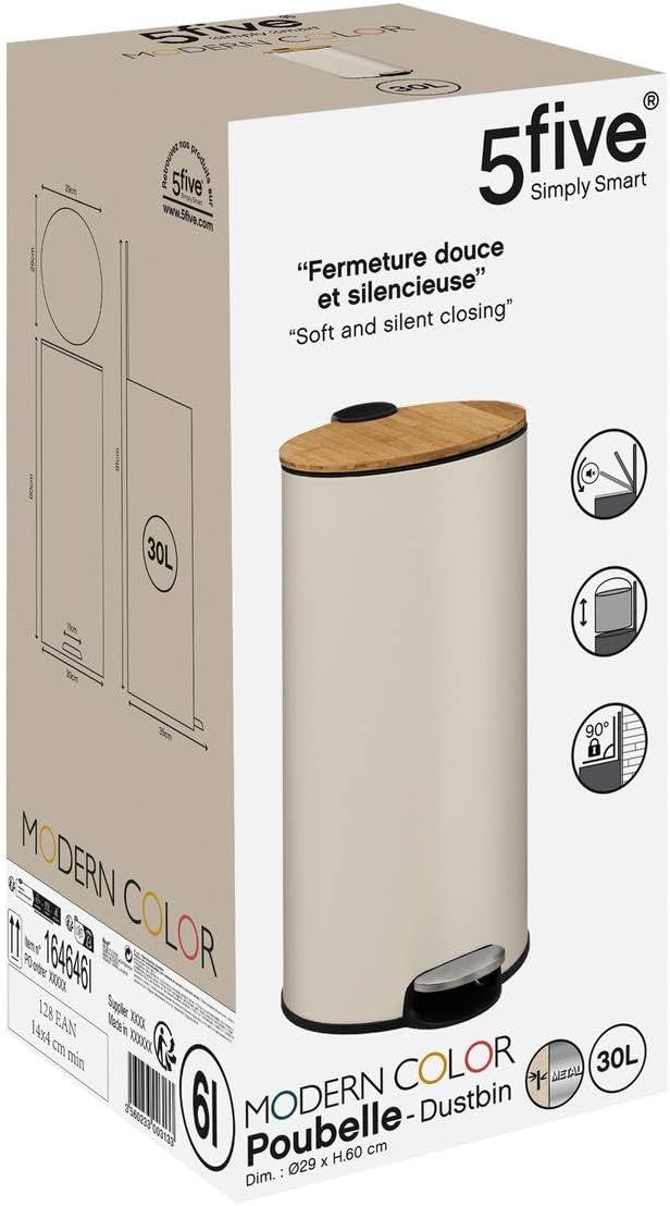 5five – Moderner Treteimer in Beige – 30 l – Bambusdeckel, herausnehmbarer Eimer – Für Zuhause, Wasc