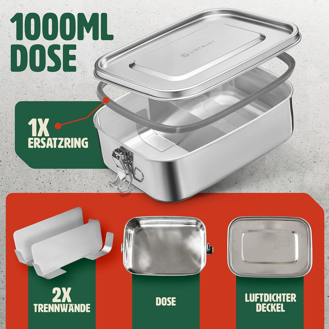 LINFELDT® Brotdose Edelstahl mit Fächern 1000ML - TOP EDELSTAHL BROTDOSE | Lunchbox Edelstahl - Brot