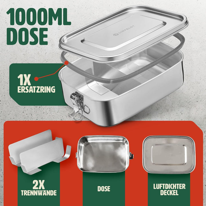 LINFELDT® Brotdose Edelstahl mit Fächern 1000ML - TOP EDELSTAHL BROTDOSE | Lunchbox Edelstahl - Brot