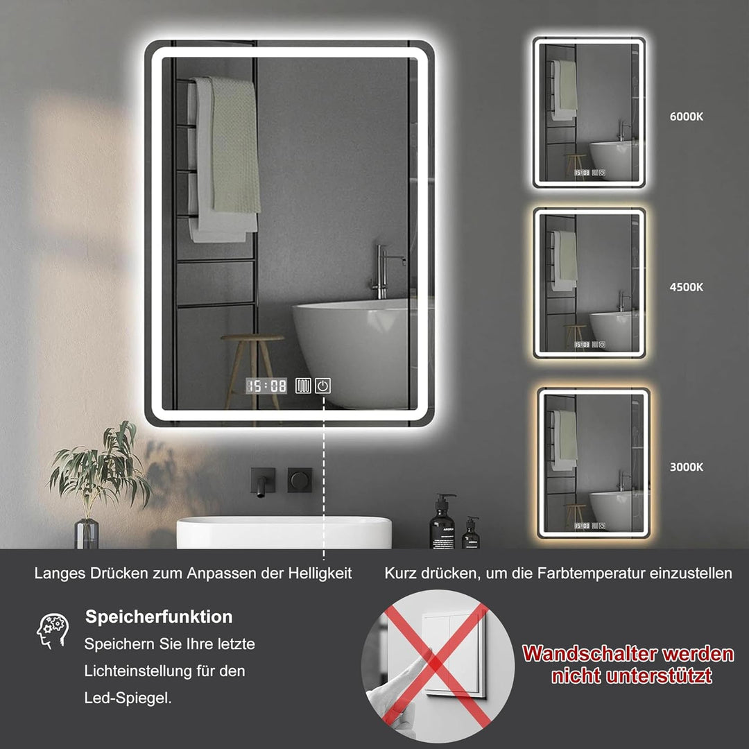 LED Badspiegel mit Beleuchtung, 60x80cm Spiegel mit Beleuchtung, Spiegel mit Licht für Bad, Badezimm