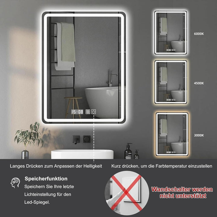 LED Badspiegel mit Beleuchtung, 60x80cm Spiegel mit Beleuchtung, Spiegel mit Licht für Bad, Badezimm