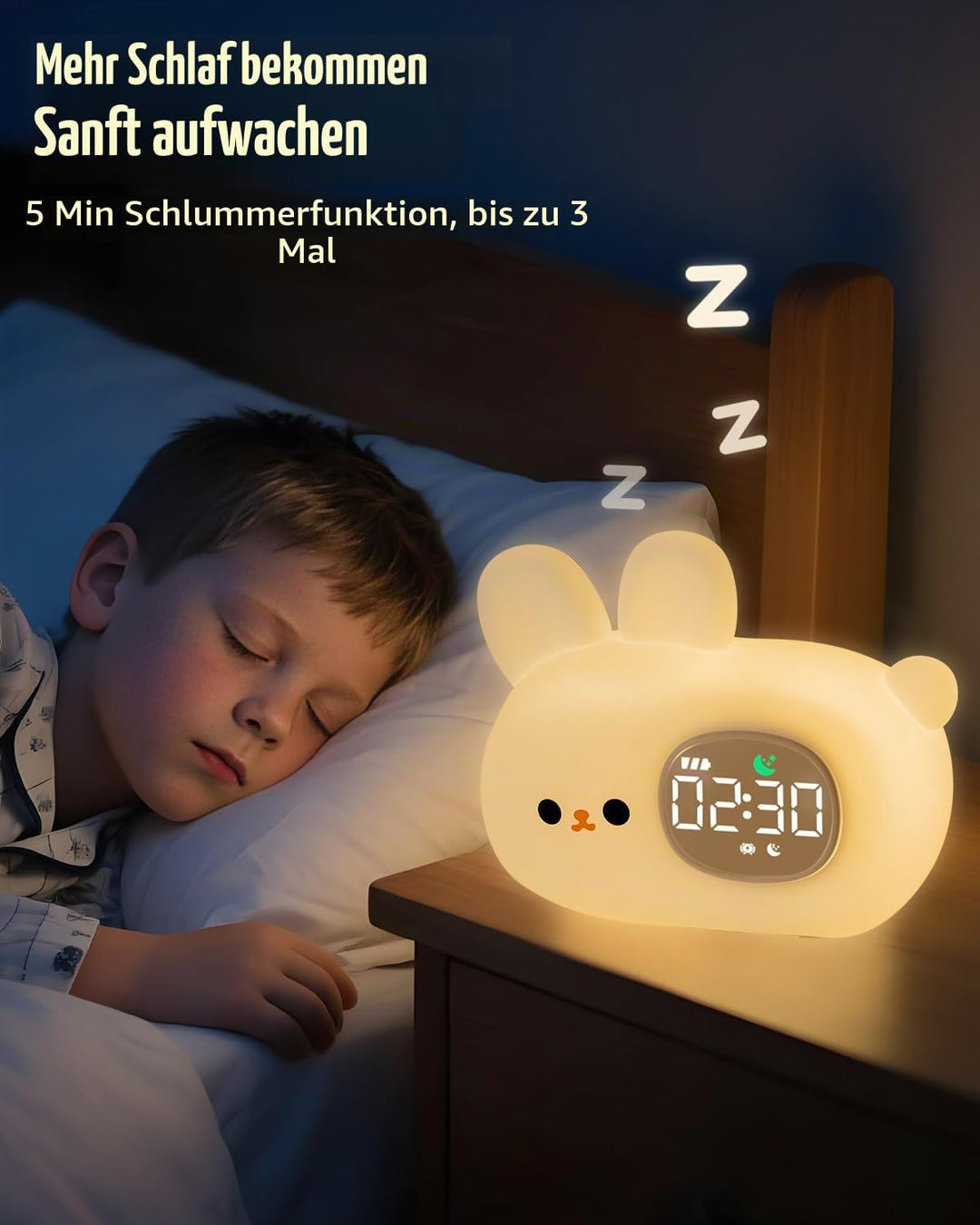 Yiliaw Hasen Kinderwecker mit Nachtlicht – Schlaftrainer & Aufwachuhr, wiederaufladbare Silikonlampe