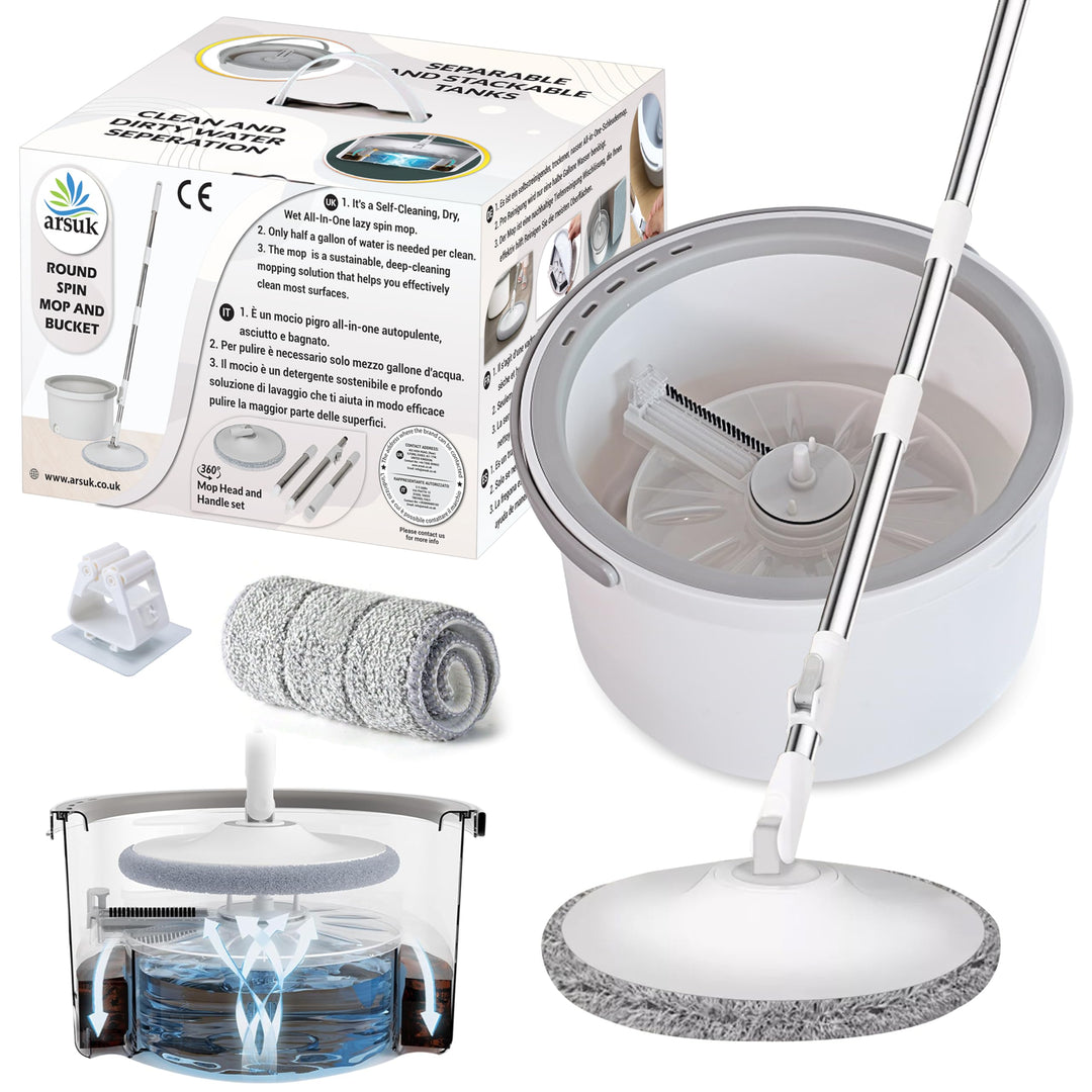 ARSUK Wischmopp und Eimer Set, 360° Flachwischer Bodenwischer mit Wringer und Teleskopstiel - 2 Mikr