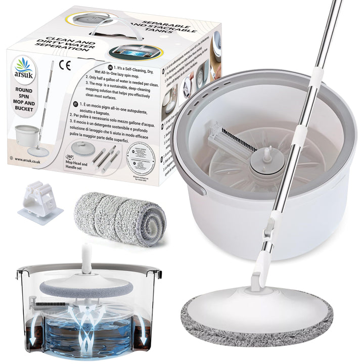 ARSUK Wischmopp und Eimer Set, 360° Flachwischer Bodenwischer mit Wringer und Teleskopstiel - 2 Mikr