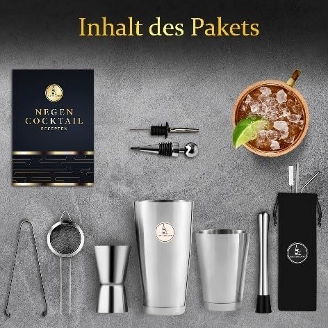 Cocktail-Set Silber 13-teilig - Cocktail-Shaker Set mit Jigger - Boston Shaker Inkl. Rezeptbuch und