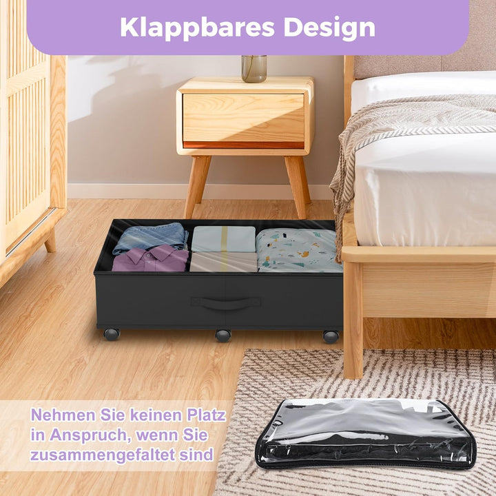 Babenest Unterbettkommode mit 6 Rollen, 2 Stück Faltbare Unterbett Aufbewahrungsbox mit Klarer Decke
