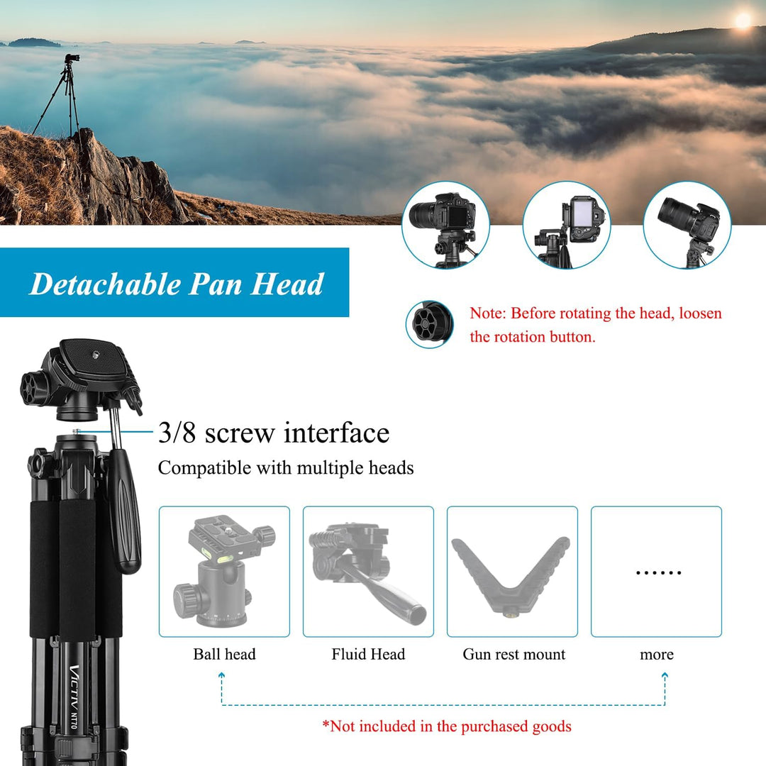 Victiv Kamera Stativ mit 52–160-185cm Höhe, leichtes Camera Tripod mit Abnehmbar 3-Wege-Kopf, Alumin