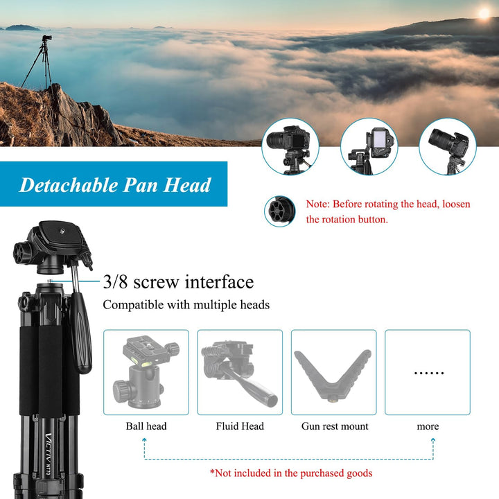 Victiv Kamera Stativ mit 52–160-185cm Höhe, leichtes Camera Tripod mit Abnehmbar 3-Wege-Kopf, Alumin