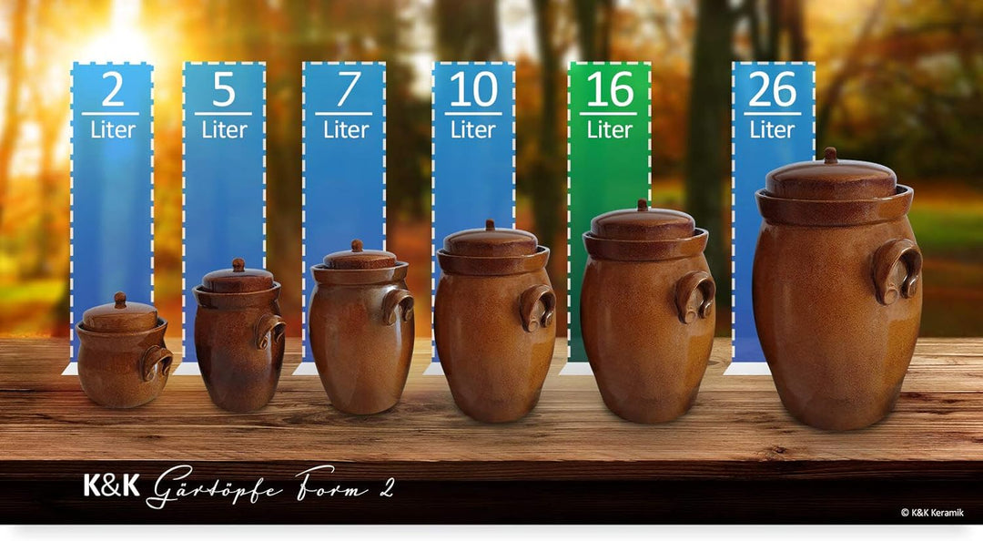 KERAZO Gärtopf 16 Liter aus Steinzeug Keramik inklusive Deckel + Stein + Anleitung [Form 2] BRAUN -