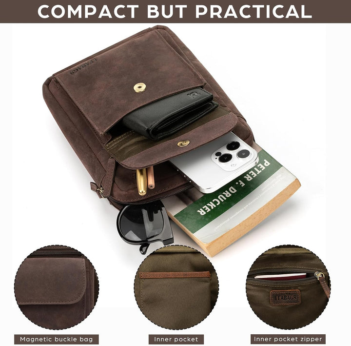 LEABAGS Men's Leather Small Shoulder Bag, Messenger Bag with Shoulder Strap, Men's Travel Bag Nature