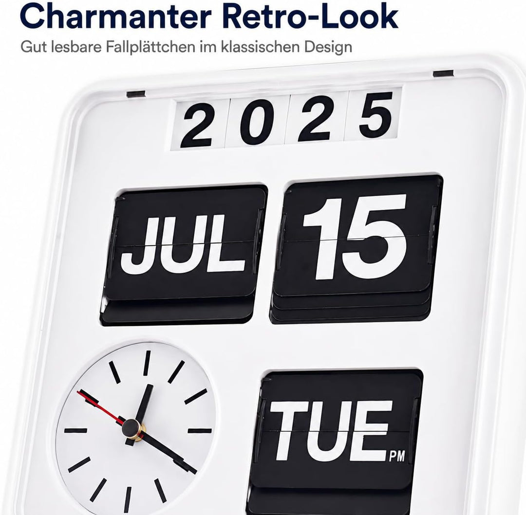 Eurotime 80005-00 Retro Tisch- & Wanduhr mit Voll-Datumsanzeige inkl. Jahr, Quarzuhr im Klappkarten-