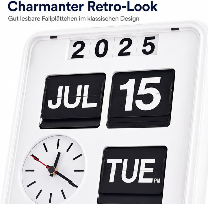 Eurotime 80005-00 Retro Tisch- & Wanduhr mit Voll-Datumsanzeige inkl. Jahr, Quarzuhr im Klappkarten-