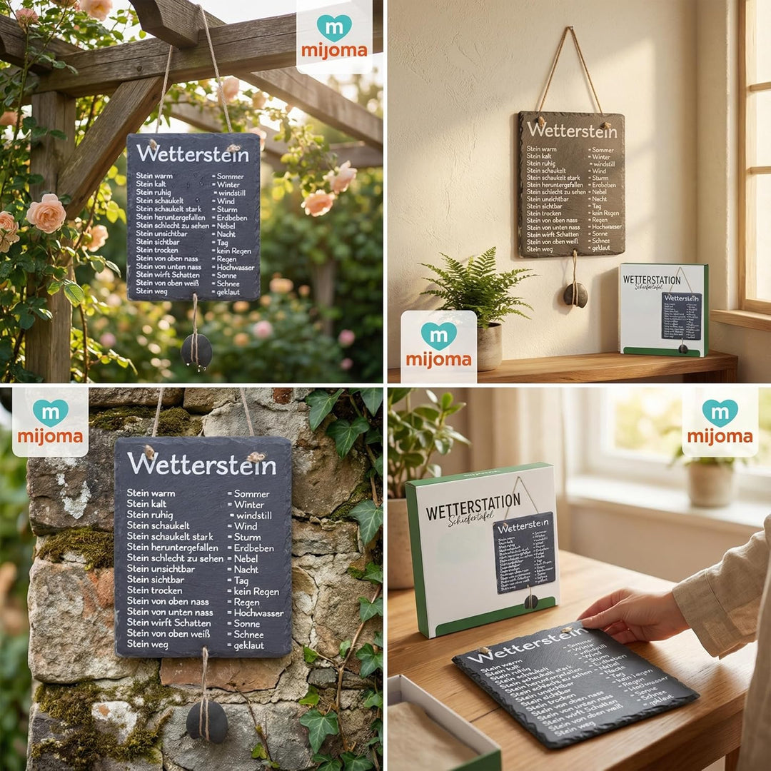 MIJOMA Wetterstein Schiefertafel – Wetterstation aus Schiefer mit Juteband – rustikale Deko für Gart