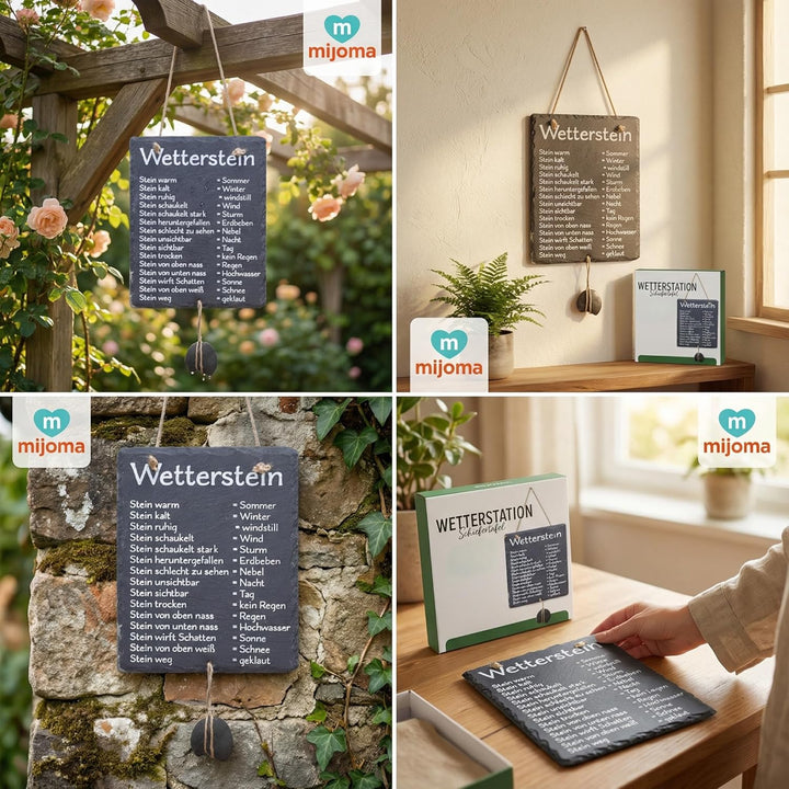 MIJOMA Wetterstein Schiefertafel – Wetterstation aus Schiefer mit Juteband – rustikale Deko für Gart