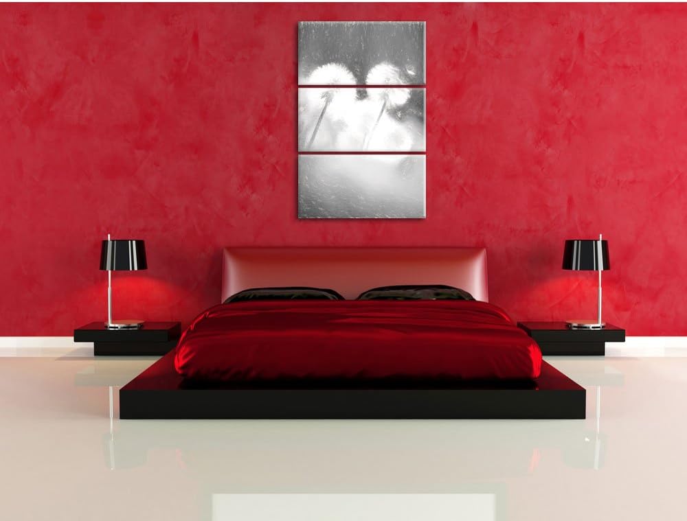 Pixxprint Pusteblumen im morgendlichen Wind Kunst Kohle Effekt 3-Teiler Leinwandbild 120x80 Bild auf