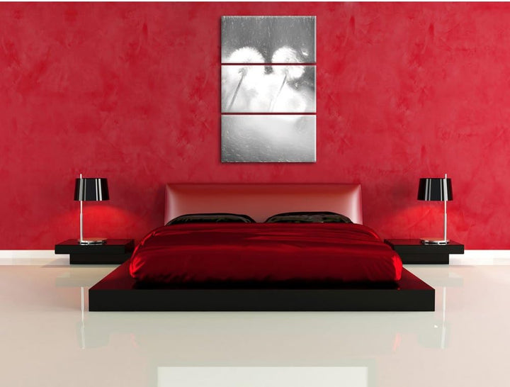 Pixxprint Pusteblumen im morgendlichen Wind Kunst Kohle Effekt 3-Teiler Leinwandbild 120x80 Bild auf