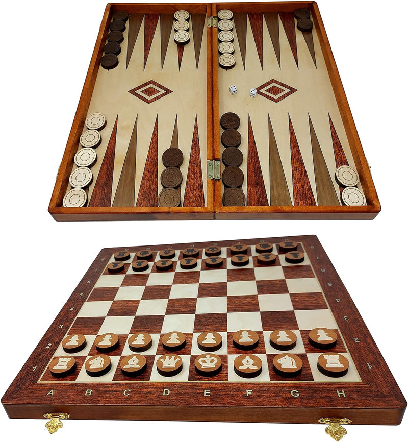 ChessEbook 3-in-1 Schachspiel + Dame + Backgammon - Hochwertiges Schachbrett aus Holz - Chess Board