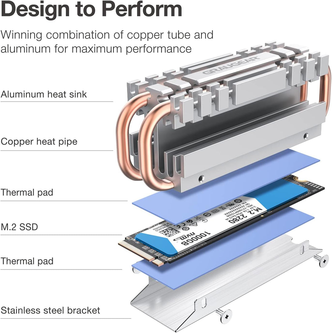GRAUGEAR M.2 2280 NVMe SATA SSD Kühlkörper, Direct Touch Heatpipe, Dual-Kupfer-Heizrohre, Aluminiuml