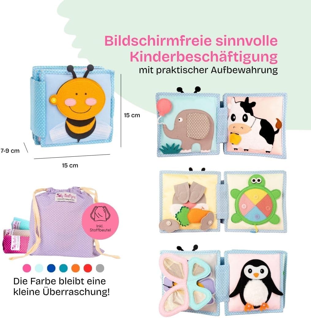 Jolly Designs – Kleine Biene - Mini Quiet Book – Montessori Spielzeug ab 6 Monaten – Motorik & Senso