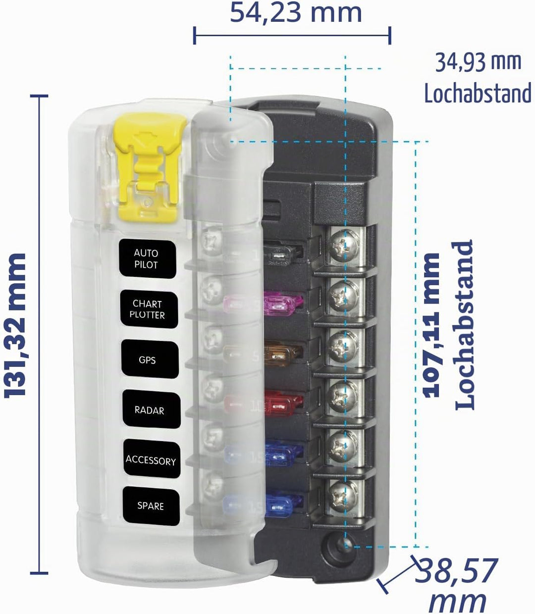 Blue Sea Systems ST Flachsicherungsblock 6 Schaltkreise, Ind, mit Abdeckung, 6 Schaltkreise, Ind, mi