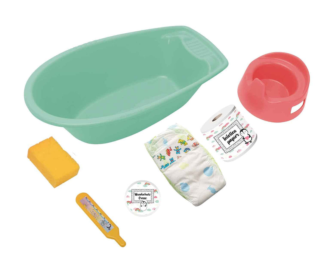 Heless 911 - Puppenbadewanne mit viel Zubehör, 7 teilig, mintfarben, für fröhlichen Badespass und zu