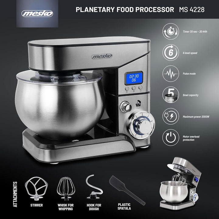 Mesko MS4228 Küchenmaschine, 5 Liter, professionelle Orbital-Küchenmaschine, 6 Geschwindigkeiten + P