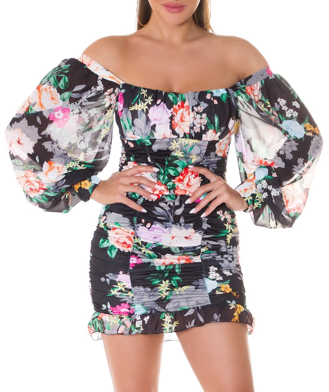 Flower Printed Romantic Off Shoulder Minikleid mit Ballon-Ärmel Einheitsgrösse Rot/Schwarz, Einheits