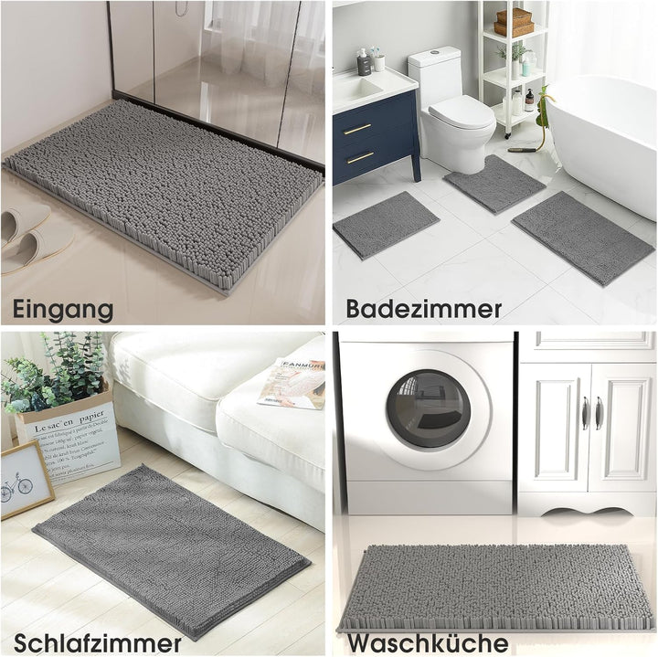 Badezimmerteppich Set 3-Teilig-Weiches Badematten Set mit Rutschfester, Chenille Saugfähige Badteppi