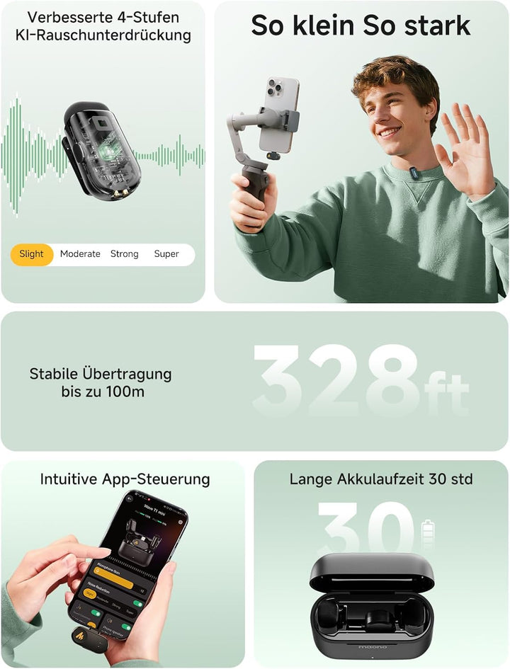 MAONO Kabelloses Mikrofon für Handy - Wireless-Lavalier-Mic für iPhone Android Handy, 4 Stufen Rausc