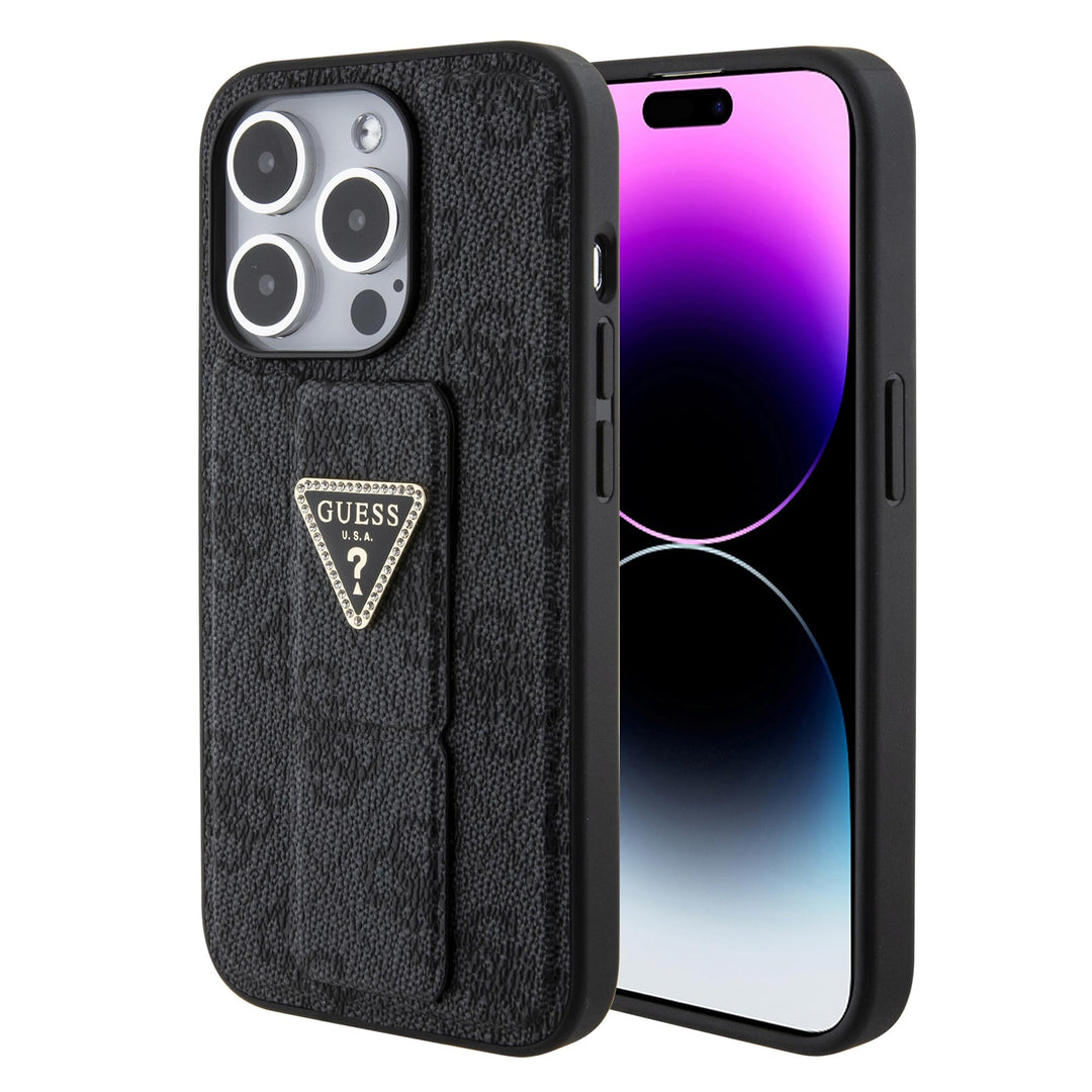 Guess iPhone 15 Pro Hülle [Offizielles Lizenz] von CG Mobile | Grip Stand Case mit PU 4G Dreieck Str
