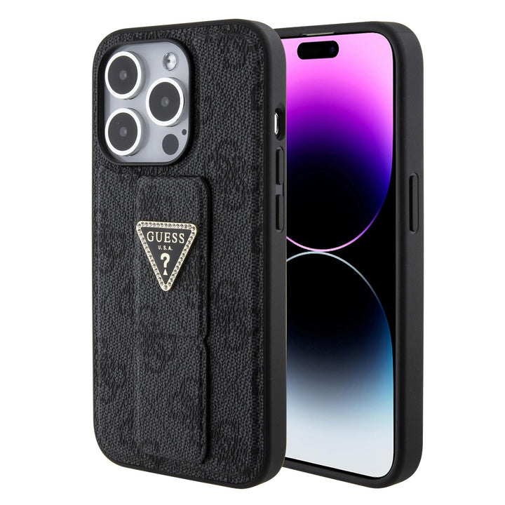 Guess iPhone 15 Pro Hülle [Offizielles Lizenz] von CG Mobile | Grip Stand Case mit PU 4G Dreieck Str