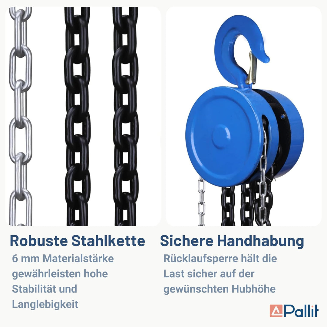 Pallit Flaschenzug 5000 kg Tragkraft CHAIN-L Kettenzug mit 2,5 m langer Stahlkette Robuster Seilzug