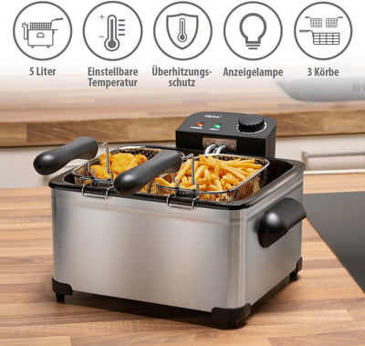 alpina Friteuse 5 Liter - Friteuse mit Fett - Friteuse Öl 200W - Zwei Frittierkörbe - Einstellbare T