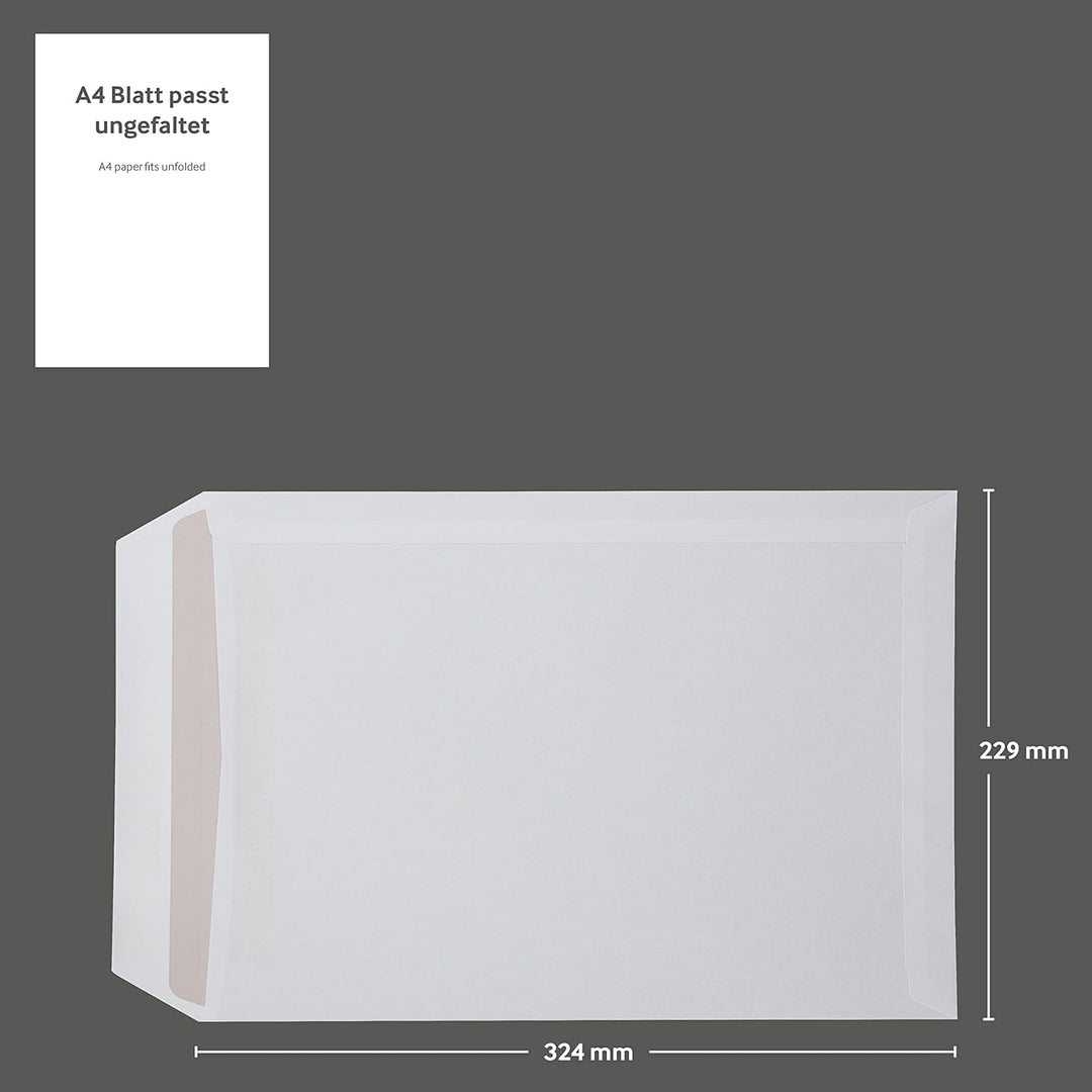 250 Stück, Versandtaschen, DIN C4, Selbstklebung, Gerade Klappe, 100 g/qm Offset, Ohne Fenster, Weis