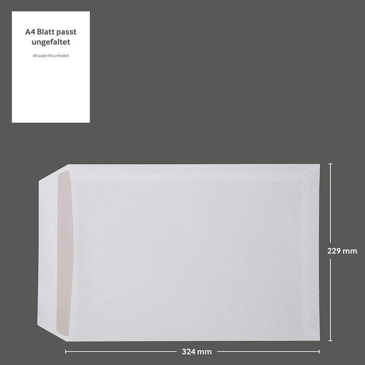 250 Stück, Versandtaschen, DIN C4, Selbstklebung, Gerade Klappe, 100 g/qm Offset, Ohne Fenster, Weis