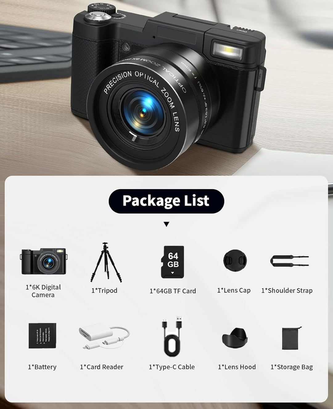 Longyi Digitalkamera 6K 75MP Kamera Fotokamera mit 8X Optischem Zoom, Anti-Shake, Autofokus Vlogging