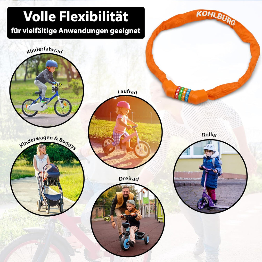 KOHLBURG Kinder Fahrradschloss Zahlenschloss 4 stellig [ohne Weichmacher, Stahlkette] - Kinderschlos