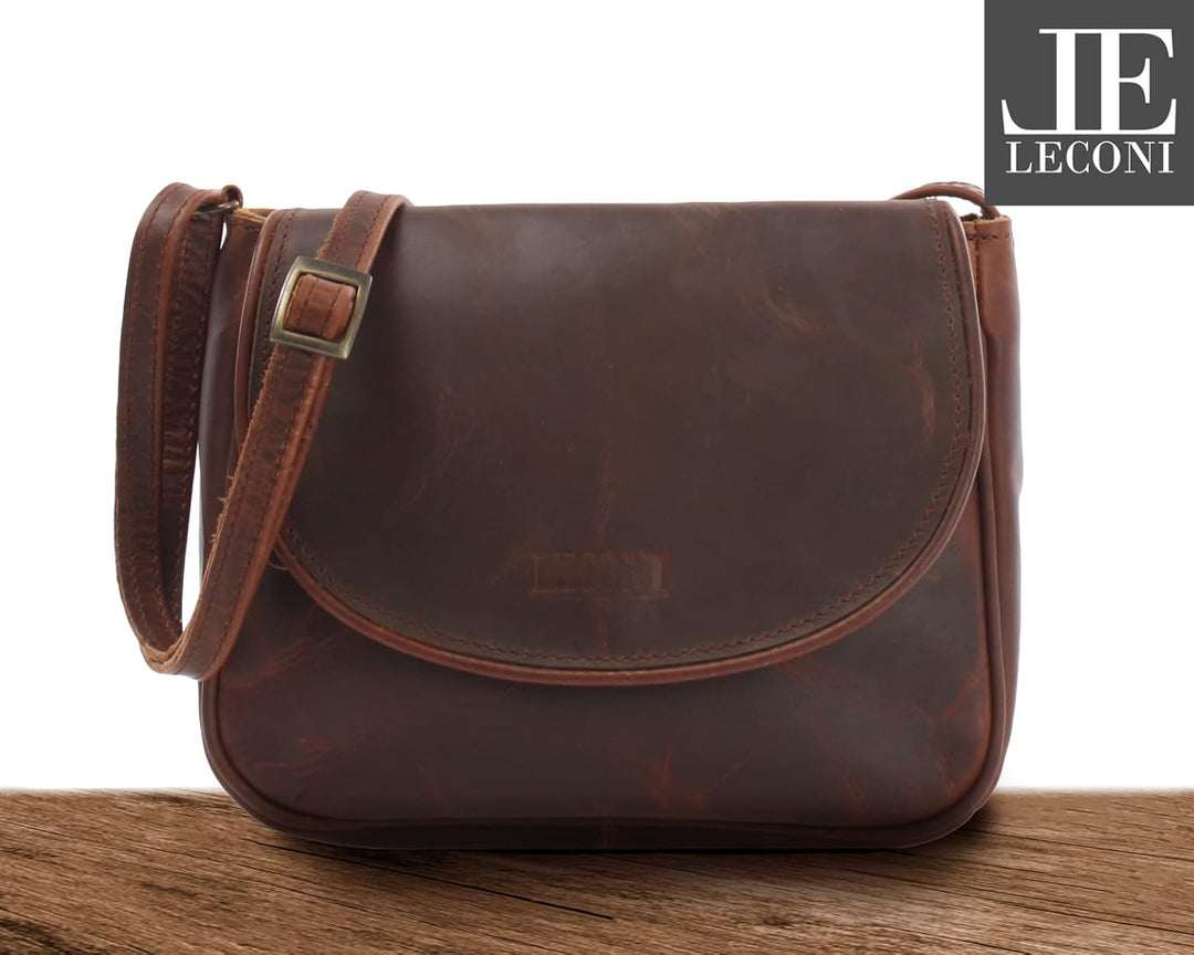 LECONI kleine Umhängetasche Damentasche Schultertasche Festivaltasche Leder 22x18x6cm LE3047 Braun –