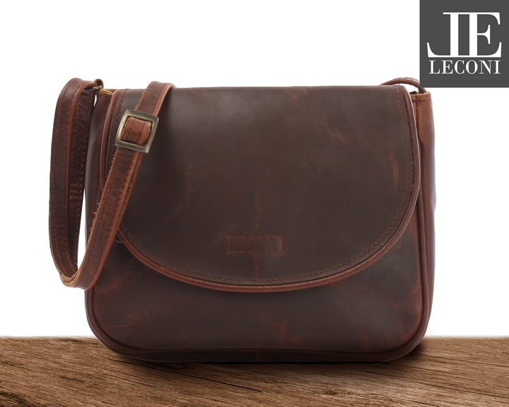LECONI kleine Umhängetasche Damentasche Schultertasche Festivaltasche Leder 22x18x6cm LE3047 Braun –