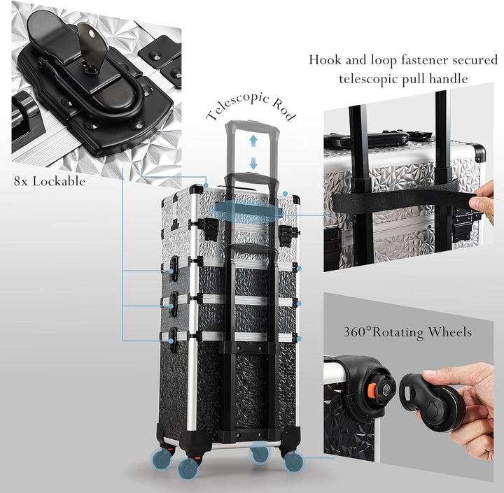 Kosmetik Trolley 4 in 1 Kosmetikkoffer Trolley Make up Koffer Gross Friseurkoffer mit Rollen Schmink
