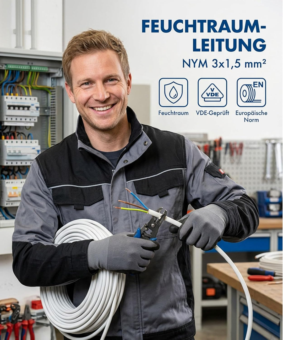 JÄGER 50 m NYM-J Mantelleitung, Installationskabel 3 x 1,5 mm², VDE zertifiziert, Kupferleitung für