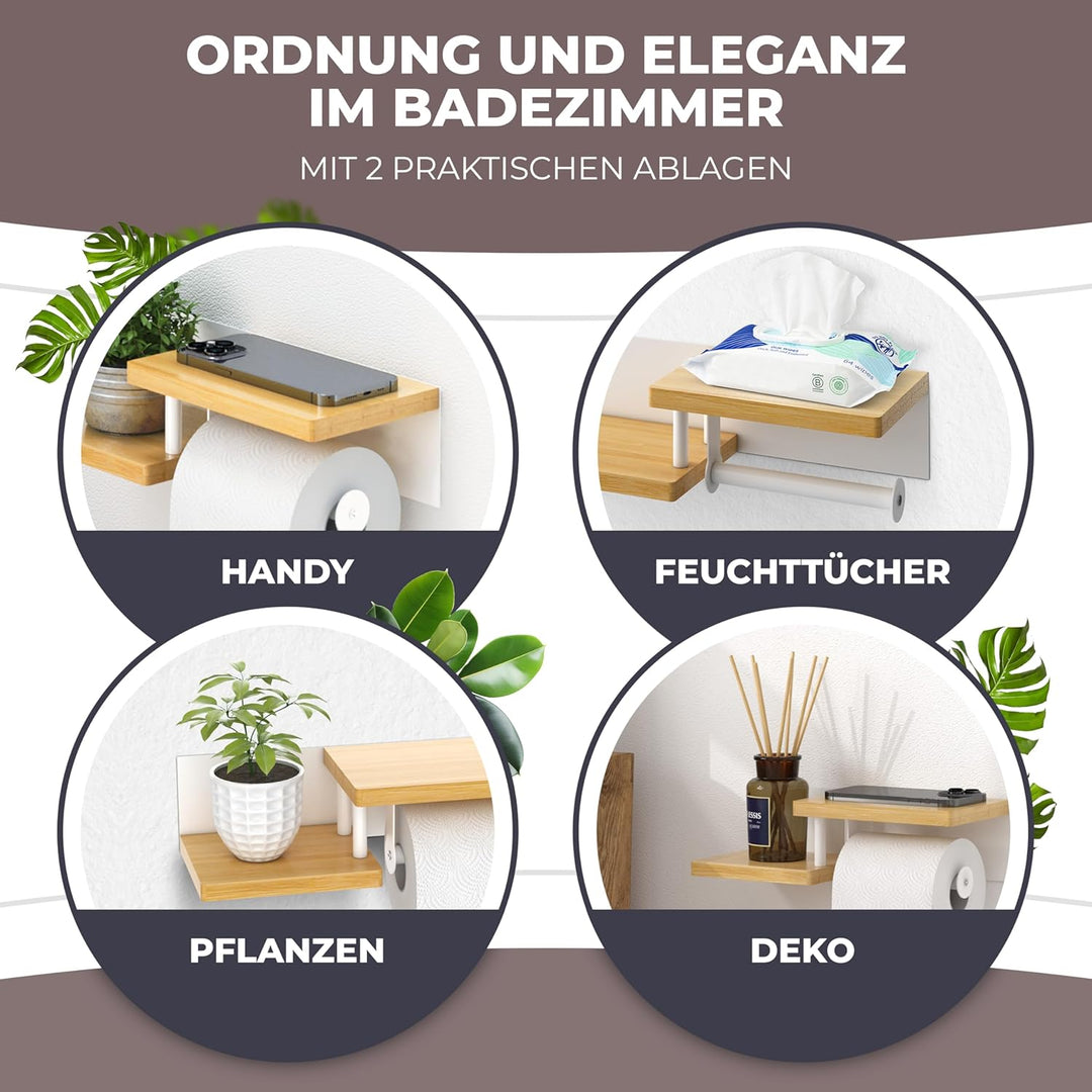 Toilettenpapierhalter Holz Bambus [KLEBEN oder Bohren] | hochwertiger Klopapierhalter ohne Bohren mi