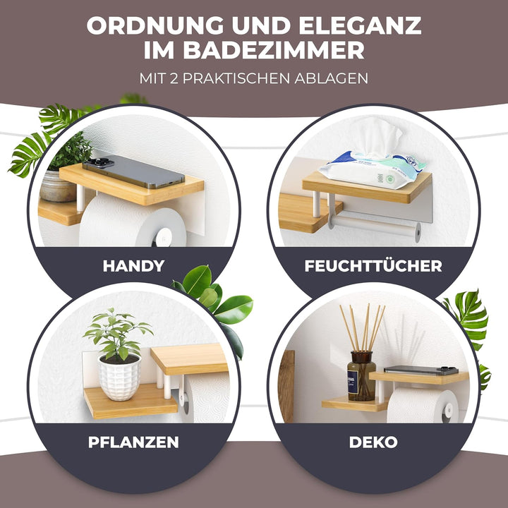 Toilettenpapierhalter Holz Bambus [KLEBEN oder Bohren] | hochwertiger Klopapierhalter ohne Bohren mi