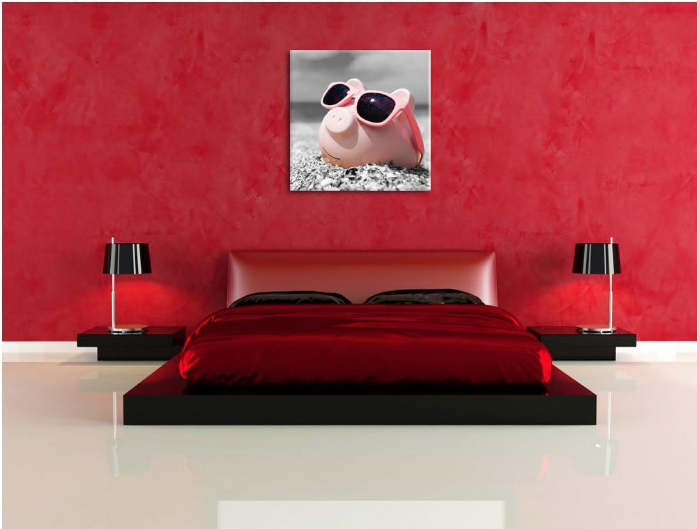 Pixxprint Cooles Sparschwein mit Sonnenbrille am Strand schwarz/weiss, Format: 70x70 auf Leinwand, 7