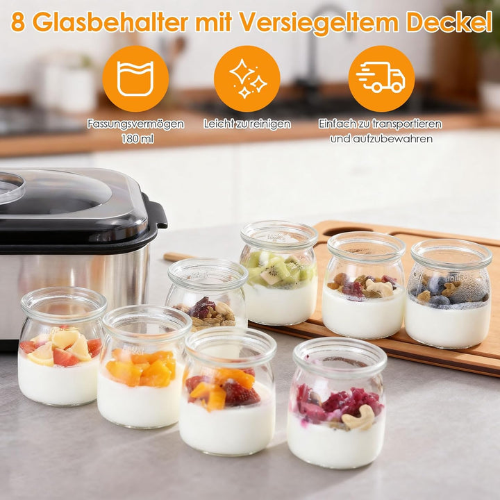 Dreamhigh® Elektrische Joghurtbereiter, Griechische Joghurtmaschine mit 8 Glasbehälter à 180 ml, Jog
