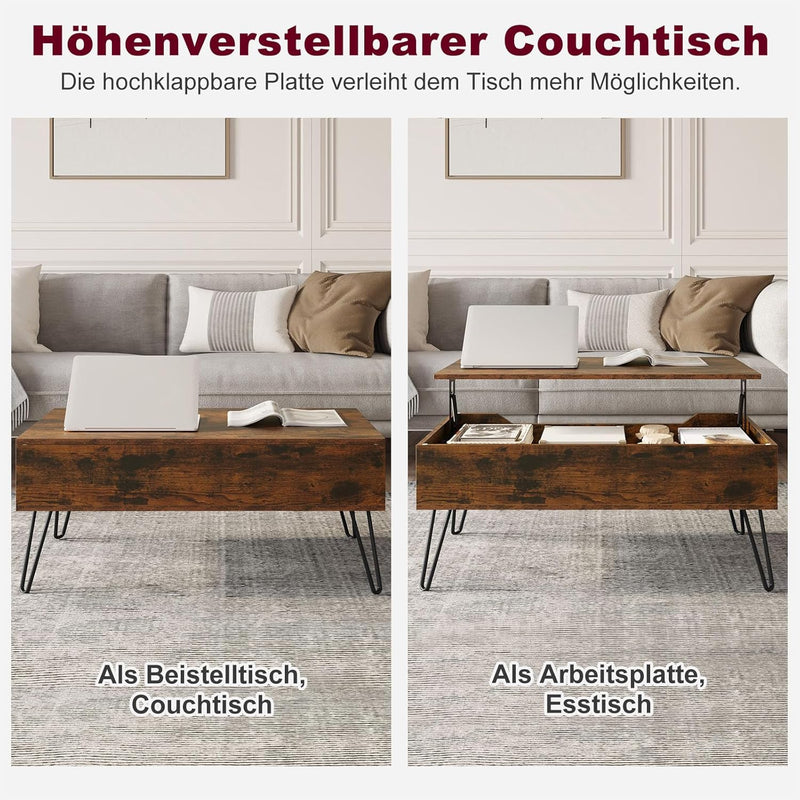 WOLTU Couchtisch Wohnzimmertisch höhenverstellbar ausziehbar, Kaffeetisch mit verstecktem Stauraum,